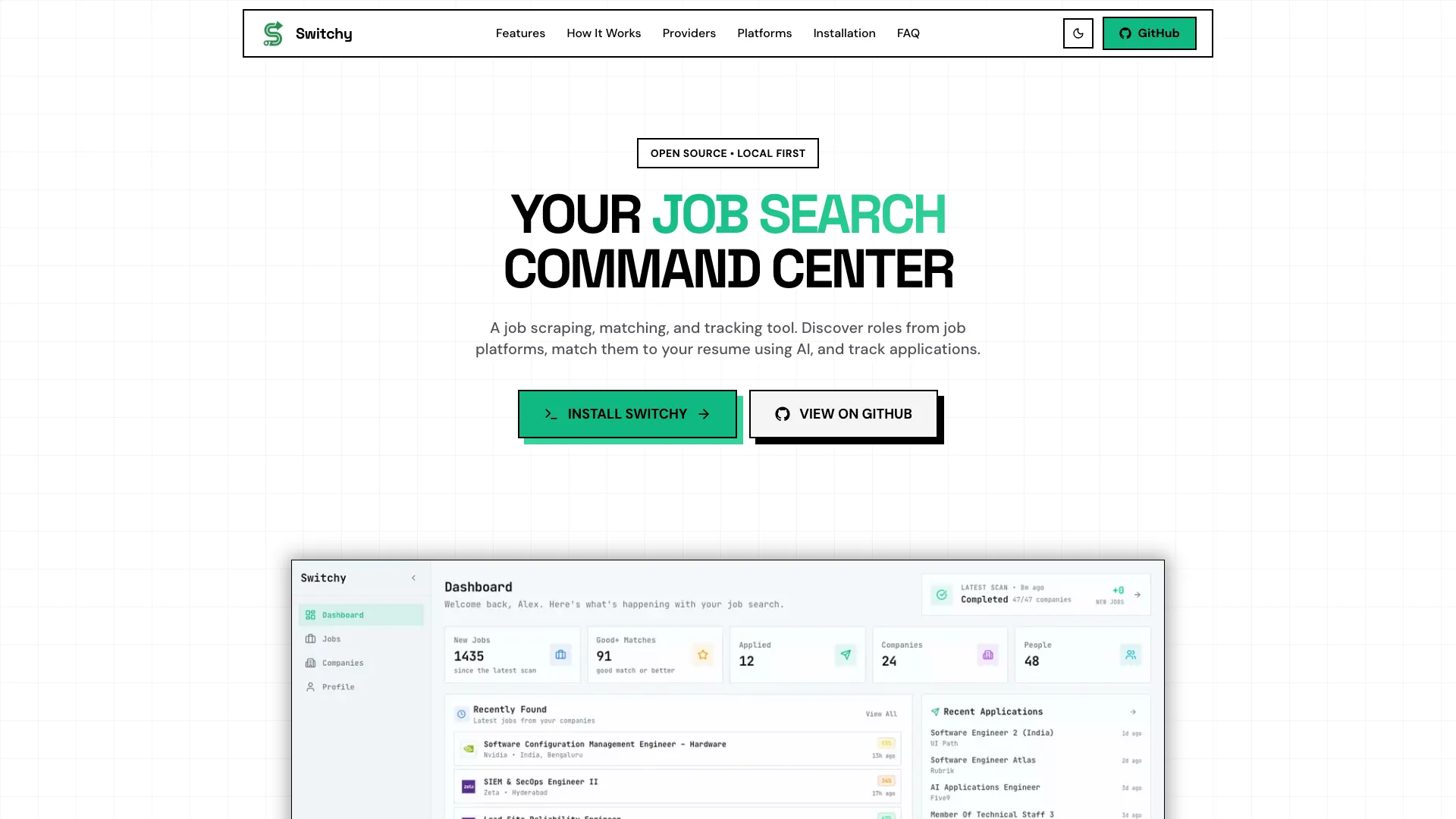 Switchy landing page introducing the local-first job search command center