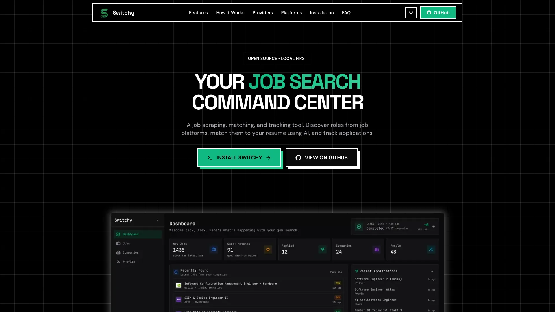 Switchy landing page introducing the local-first job search command center